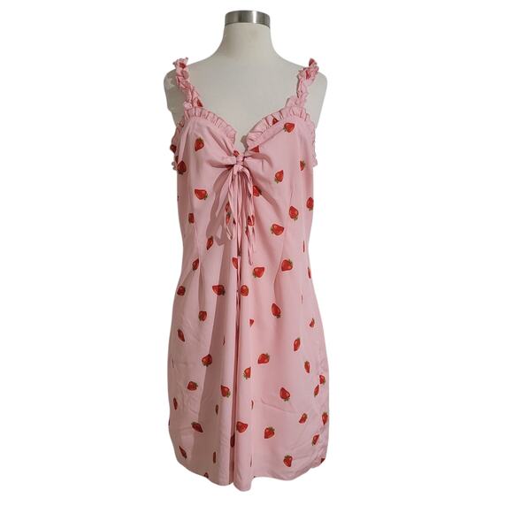 Shein Pink Strawberry Print Ruffle Strap Dress 2XL Cottagecore Twee Y2K Cute - Picture 1 of 8